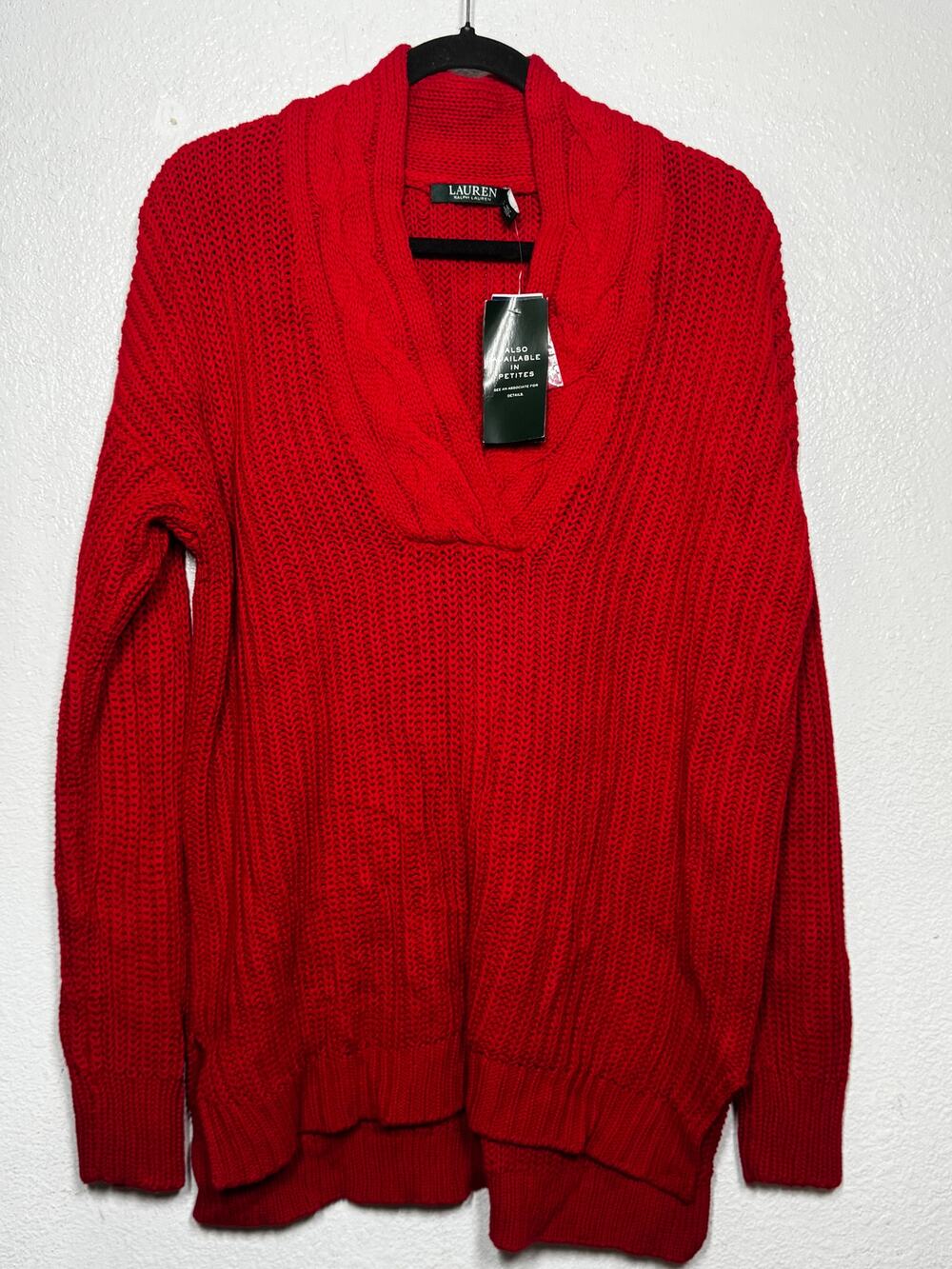 NWT New Lauren Ralph Lauren Chunky Knit Sweater Red V-Neck Women Sz L